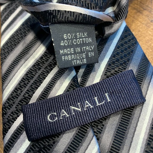 CANALI Black Grey Silver Striped Silk Neck Tie - Picture 3 of 5